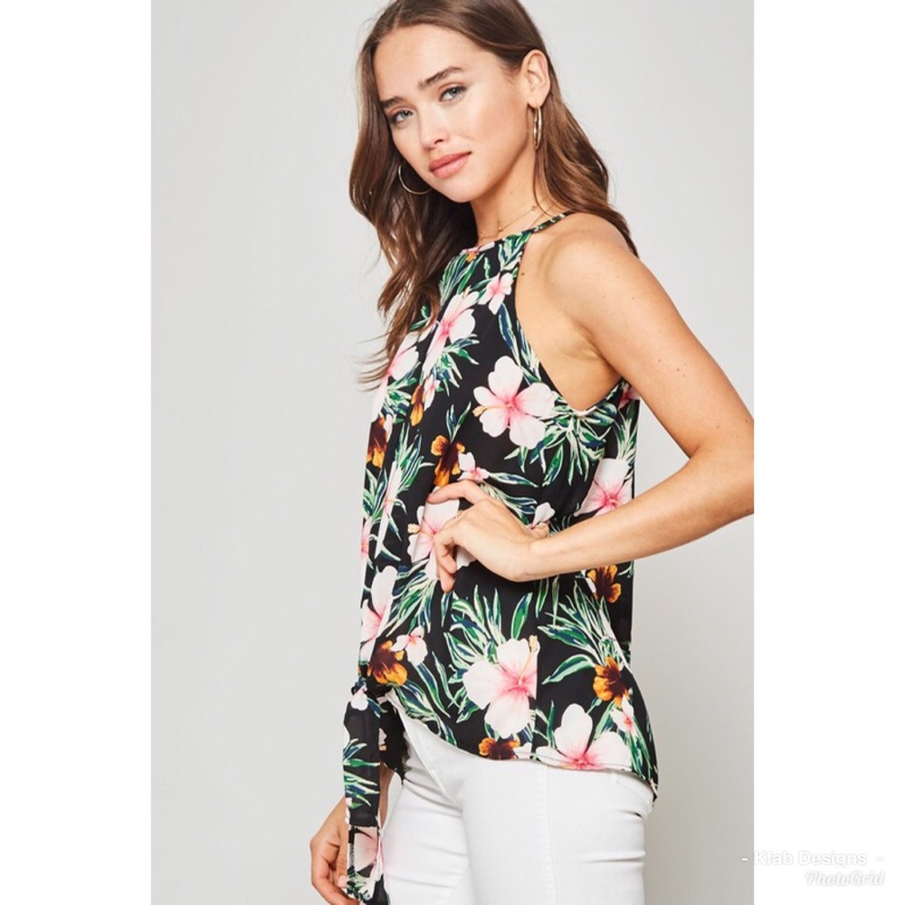 💐LAST 1! Tropical Floral Print Hem Tie Top-3left - Picture 3 of 6